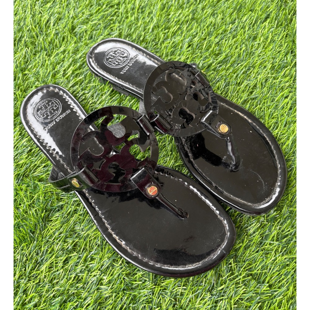 Tory Burch Miller Black Patent Leather Logo Thong Sandals Womens Size 9M